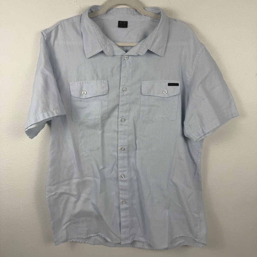 Oakley Mens XL Short Sleeve Button Down Shirt Blue White Micro Stripe Pockets
